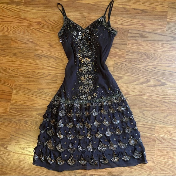 Vintage 90’s 100% Silk Dress Silk Slip Dress Beaded Raindrop Tiered Fairy Prom - Picture 2 of 15